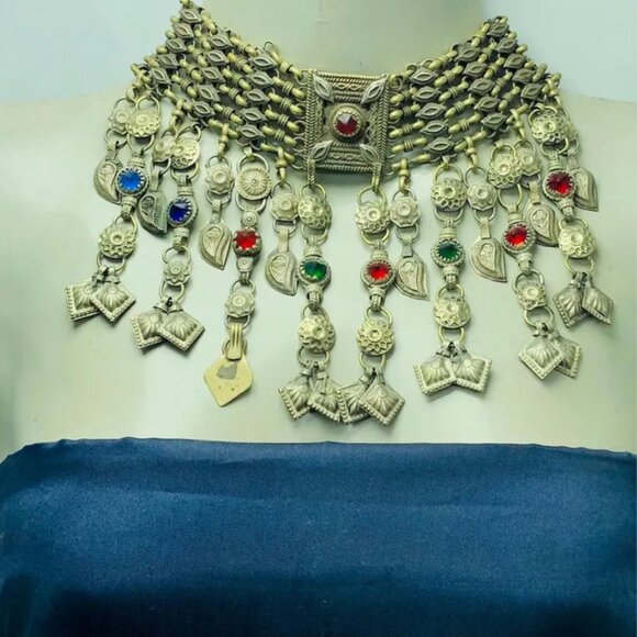 Tribal Kuchi Necklace, Dangling Tassels Vintage Choker Necklace, Boho Statement - Picture 5 of 10